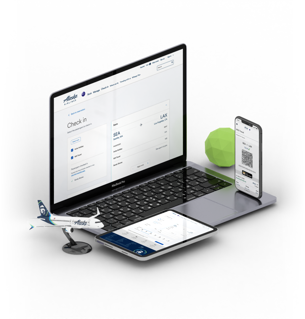 Alaska Airlines Check-in screens for smartphone, tablet, and desktop devices. 