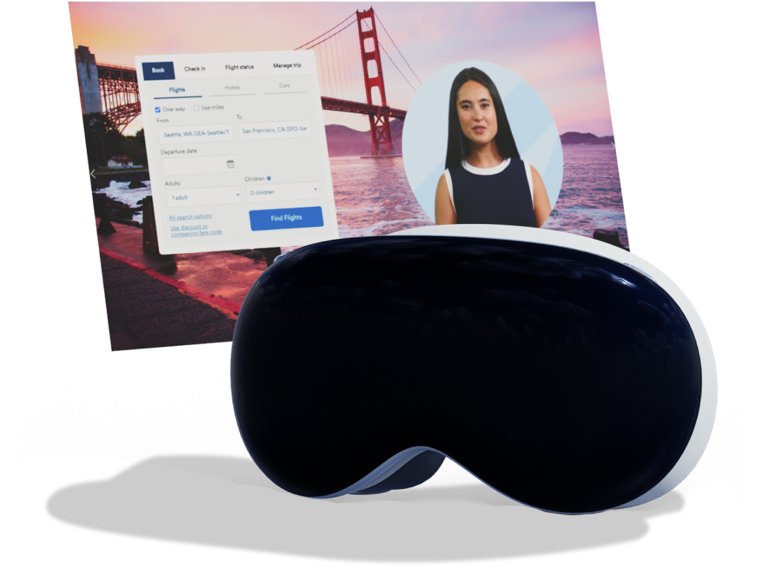 Vision Pro headset with image of AI flight search feature.