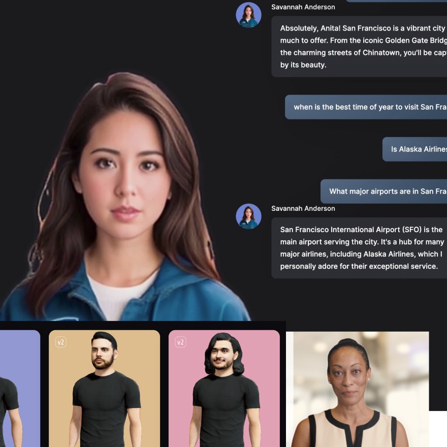 Conceptual female and male AI avatars in photo-real and illustrative styles.