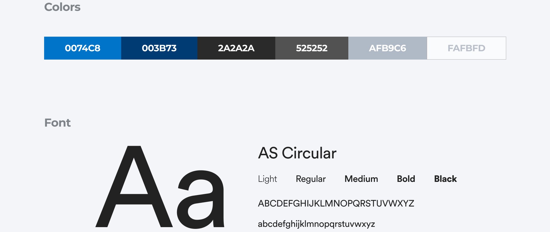 Style guide colors and font.