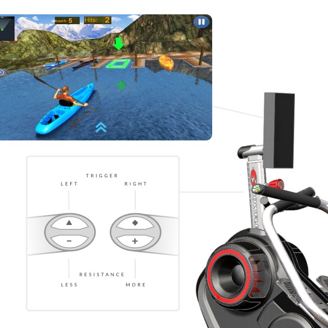 Schematic of a kayaking game paired with a conceptual rowing machine.