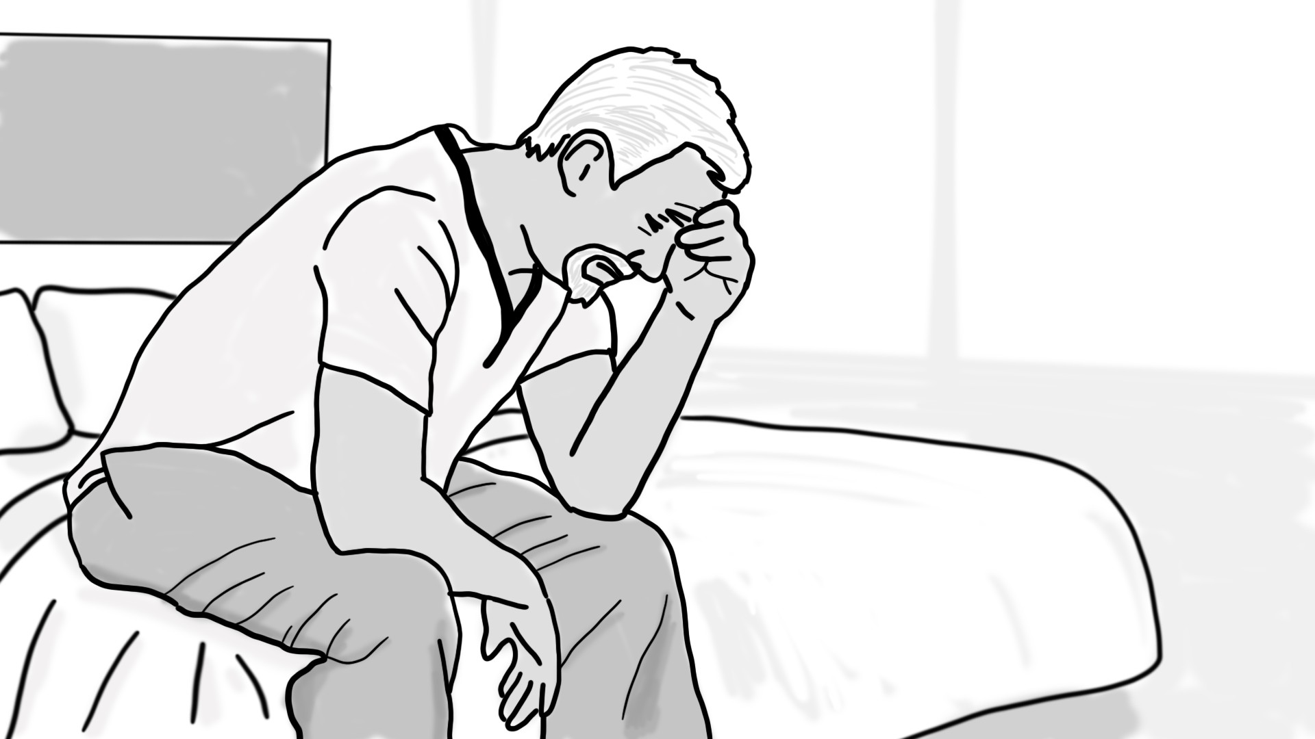 Illustration of a man struggling each morning after waking. 