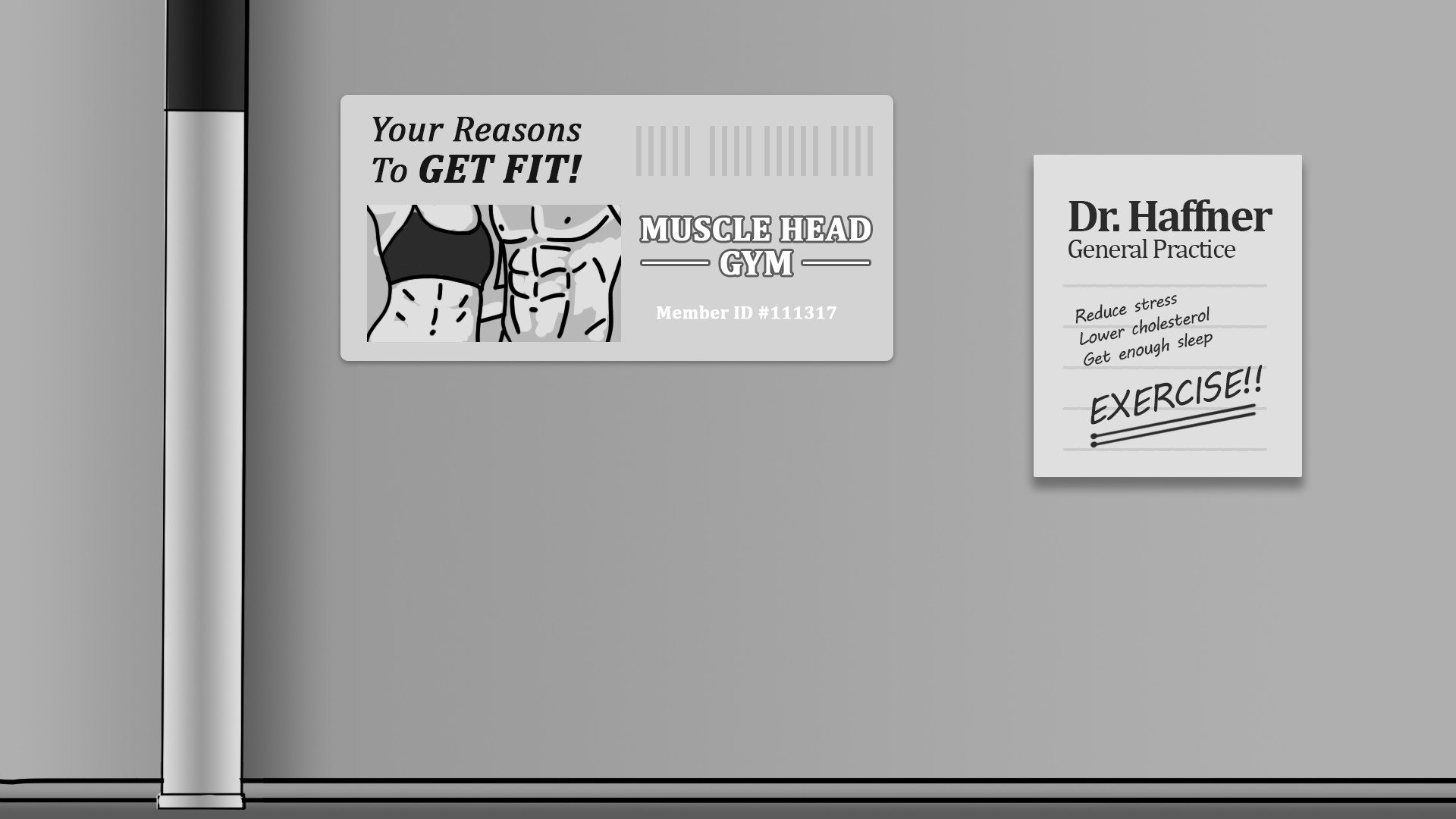 Illustration of a fridge with daily reminders to exercise. A gym membership magnet and a doctor's note.