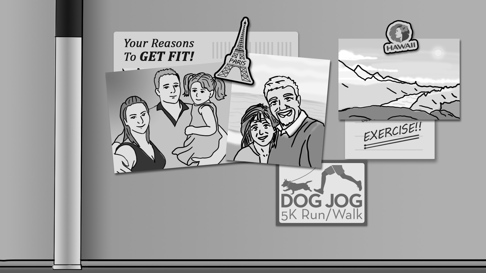 Illustration of the fridge, this time with photos of family members, a 5K run/walk event, and a postcard of Hawaii.