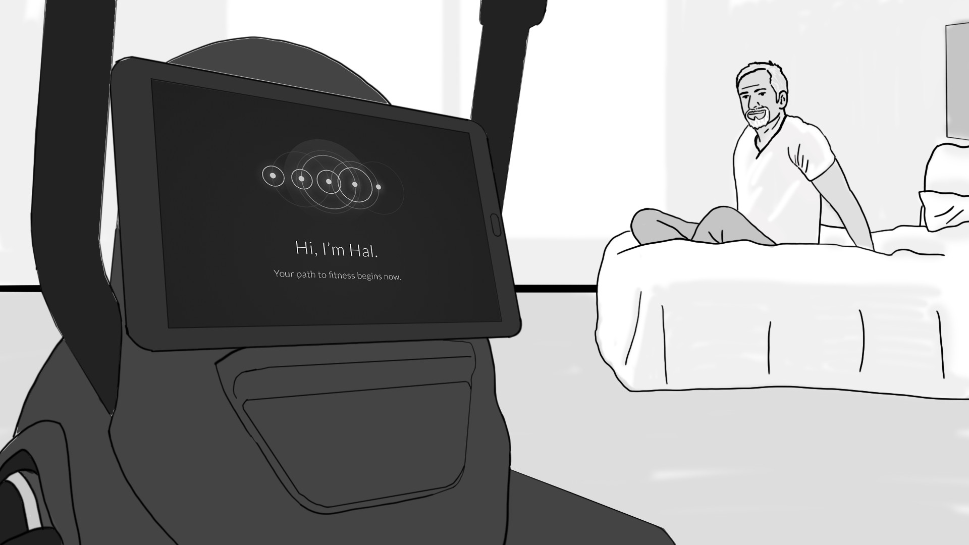 Illustration of the man waking up and enthused about his new Max Trainer exercise machine. 