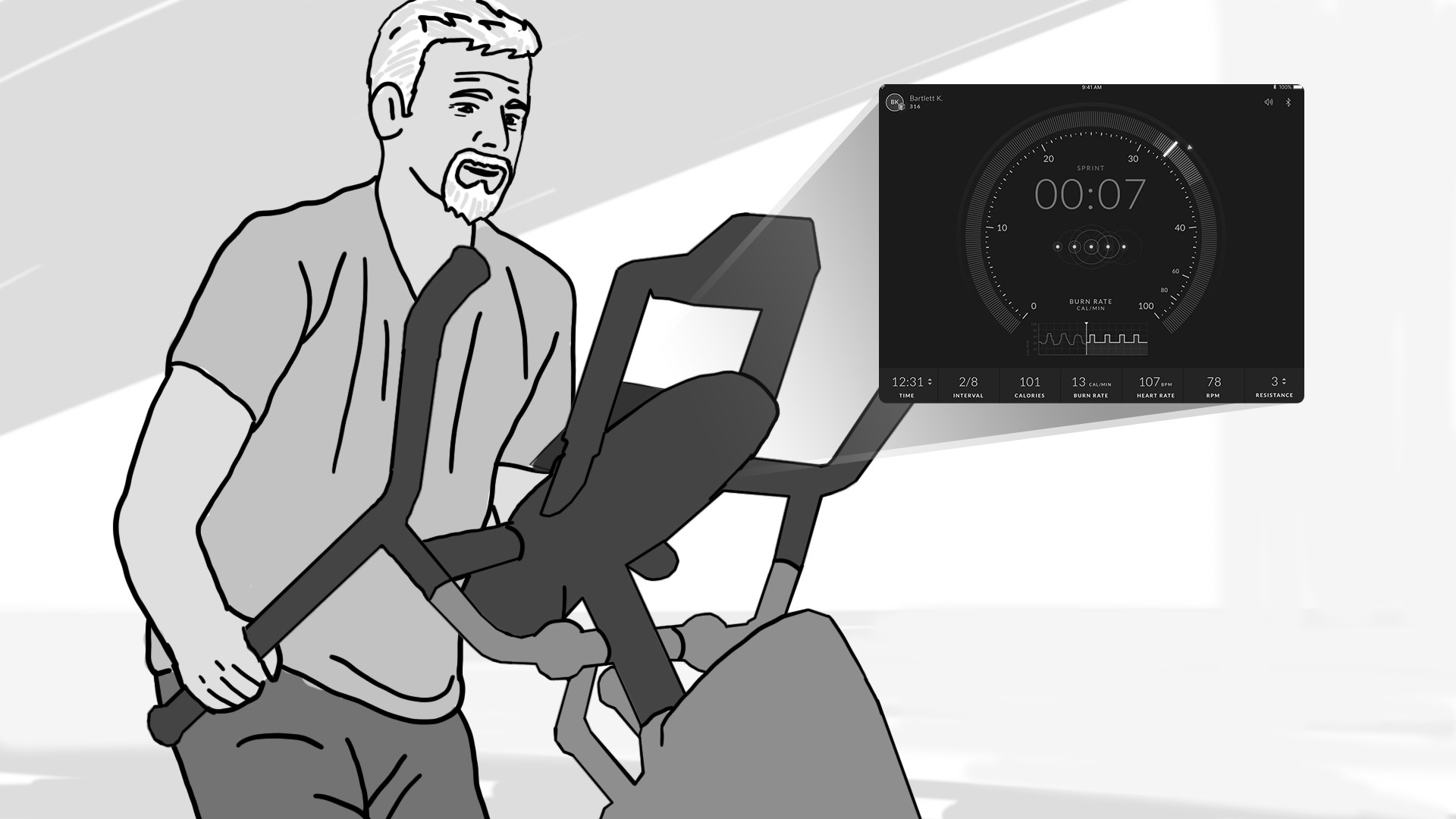 Illustration of the man working out on the Max Trainer, being positively motivated by its UI and virtual coach. 