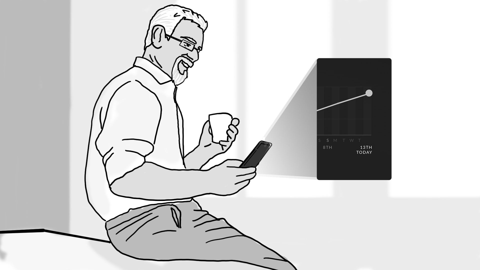 Illustration of the man at work, happily reviewing his fitness metrics improving in the workout app on his phone.