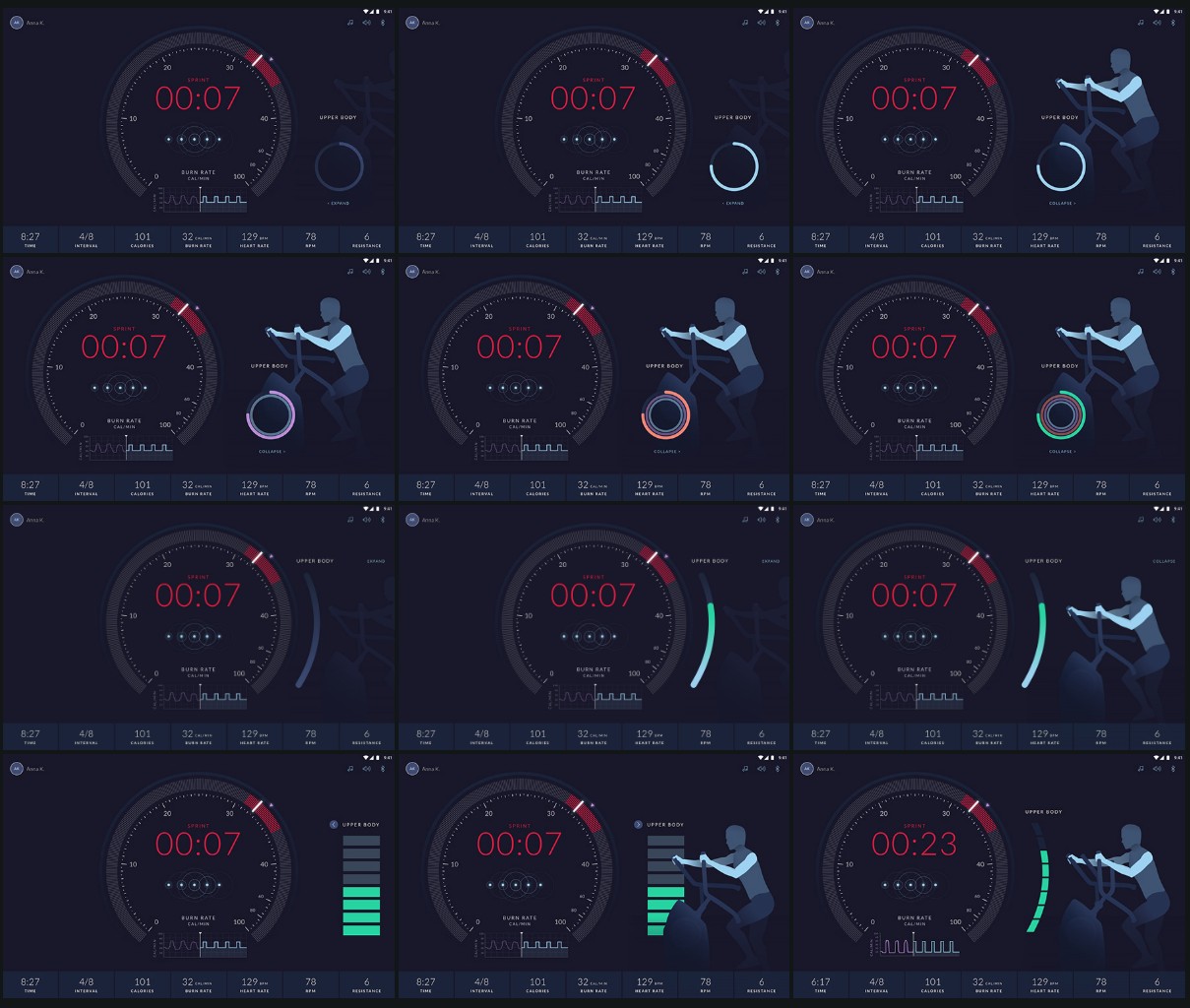 Design iterations of JRNY Max Total upper body workout UI.